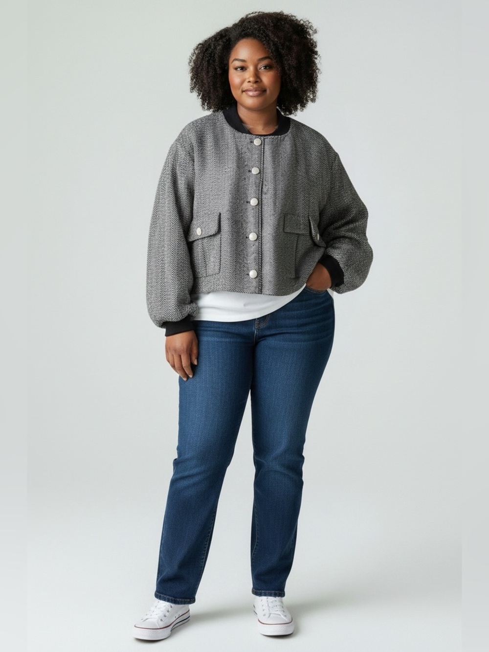 bagatelle Black & White Herringbone Bomber Jacket with Ribbed Trim